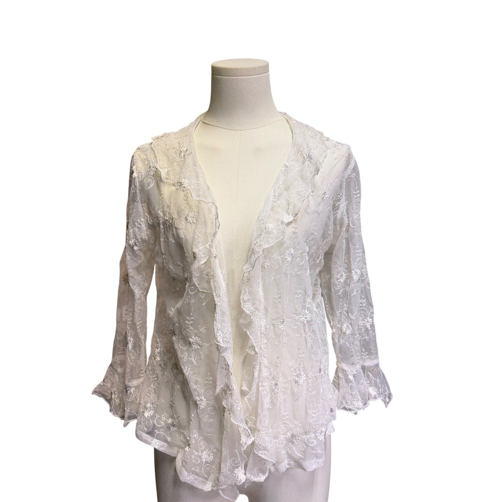 Whitewash Vintage Sheer Lace Ruffle Cardigan Top White Floral Mesh 3/4 Sleeve M